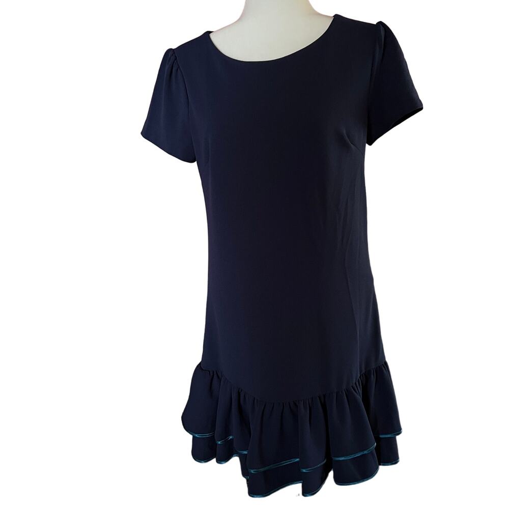 Betsey Johnson Shift Dress Navy Blue Ruffle Hem Ribbon Trim Stretch Size 6
